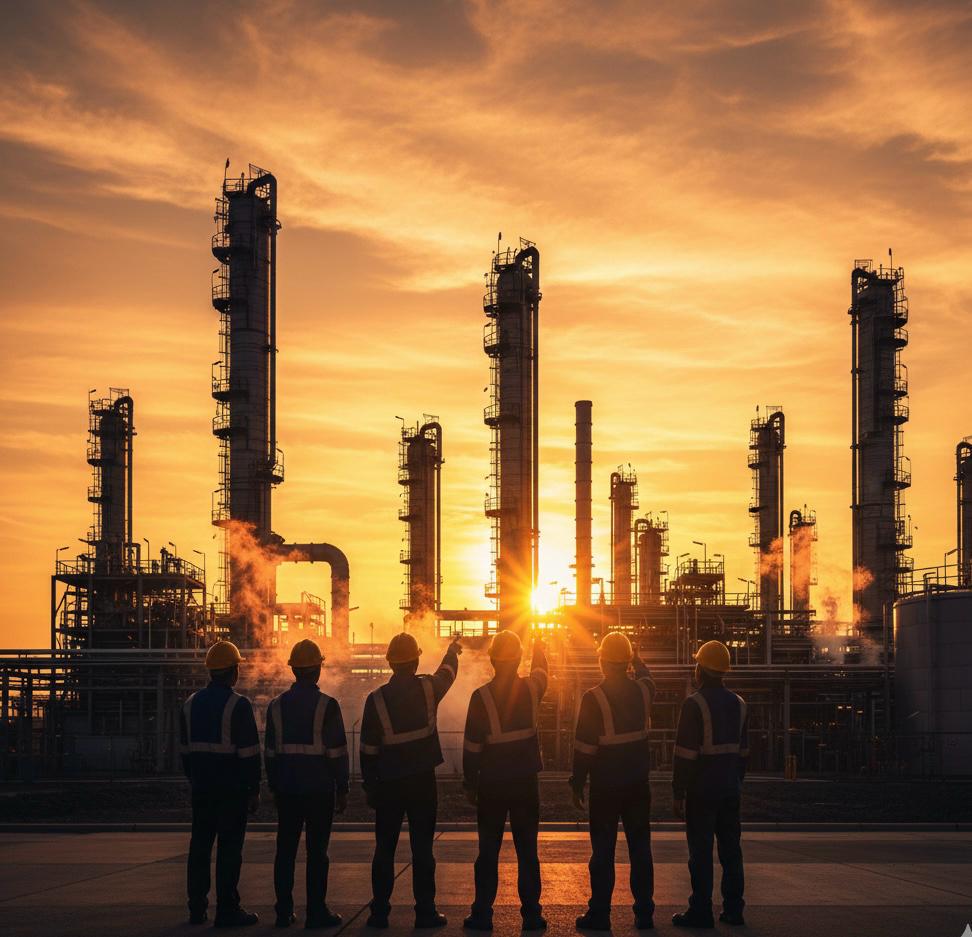 Industrial workers at a refinery at sunset